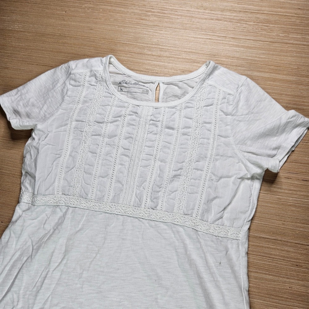 Eddie Bauer Pintuck Lace Top Women M White Short Sleeve Cotton Casual 0348